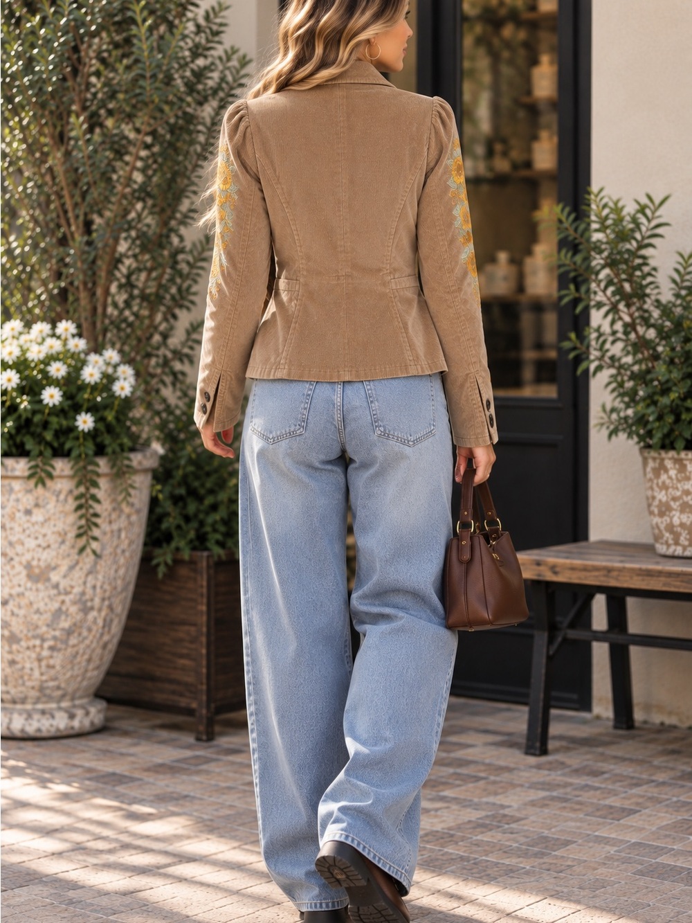 Y2K True Meaning Tan Corduroy Blazer with Yellow Floral Embroidery XS Vintage - Picture 2 of 10